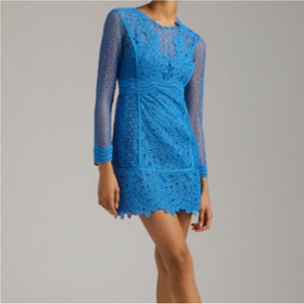 Anthropologie Blue sheer Lace Long-Sleeve Mini Dress
